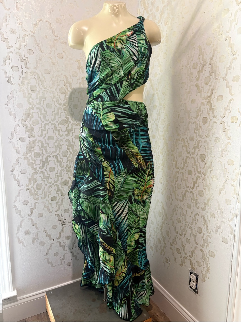 Green Tropical One-Shoulder Women’s Swim Cover-Up Dress